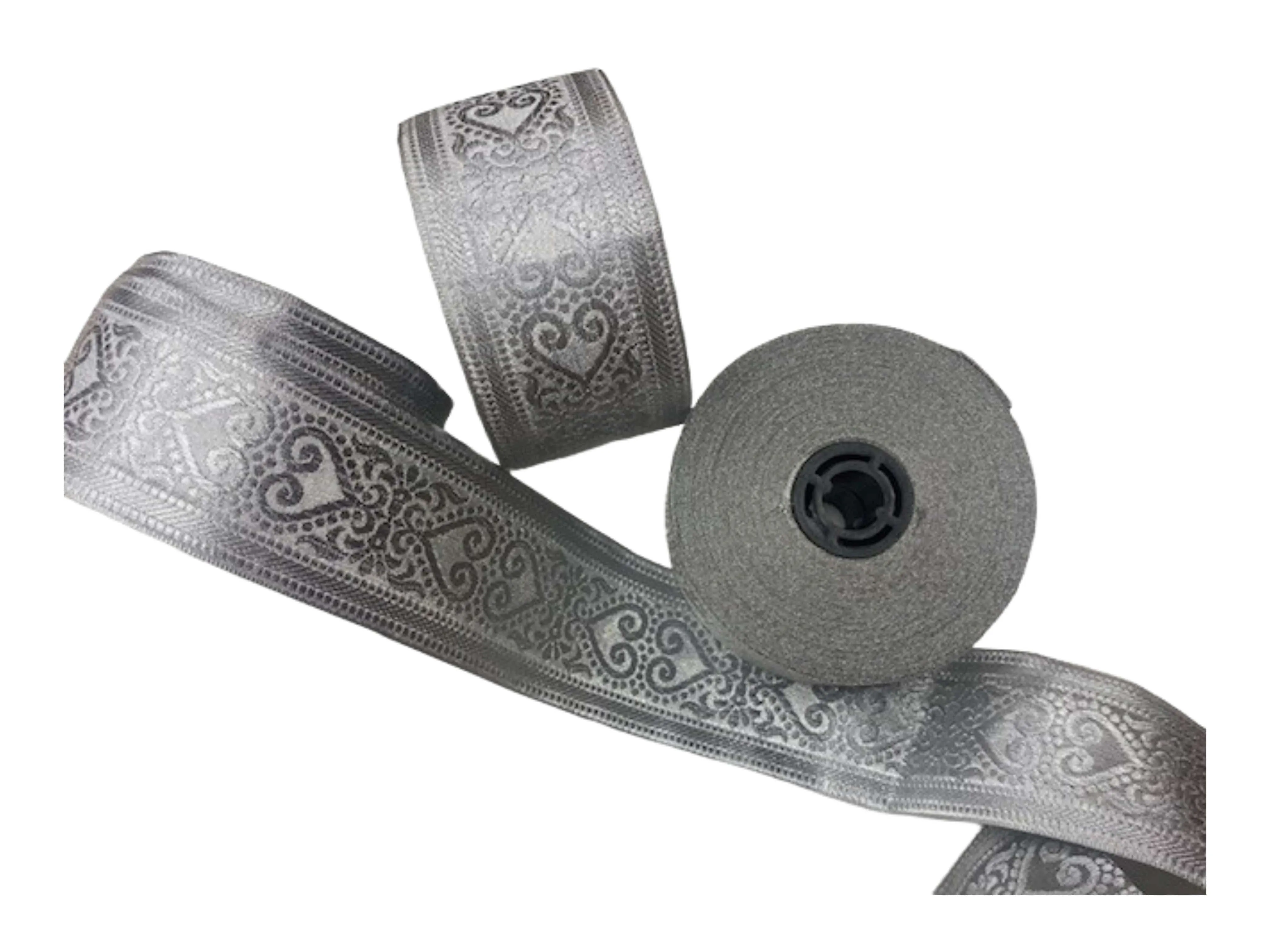 Metallic Jacquard Ribbon - Silver Heart 53mm (DEFECT)