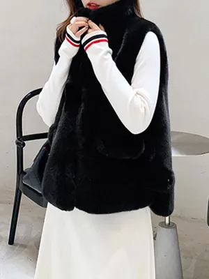 New Faux Fur Coats For Women Sleeveless V-Neck Black Casual Women Coat