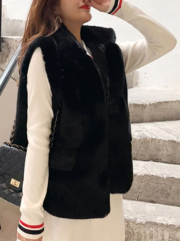 New Faux Fur Coats For Women Sleeveless V-Neck Black Casual Women Coat