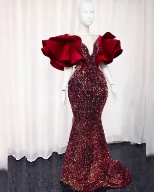 Sequin Wedding Reception Dress African Velvet Wedding Dress Elegant Velvet Prom Dress Evening Party Dress African Fashion Clothing