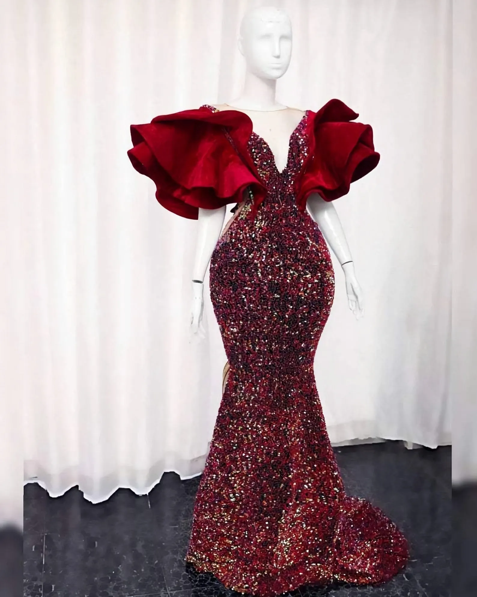Sequin Wedding Reception Dress African Velvet Wedding Dress Elegant Velvet Prom Dress Evening Party Dress African Fashion Clothing
