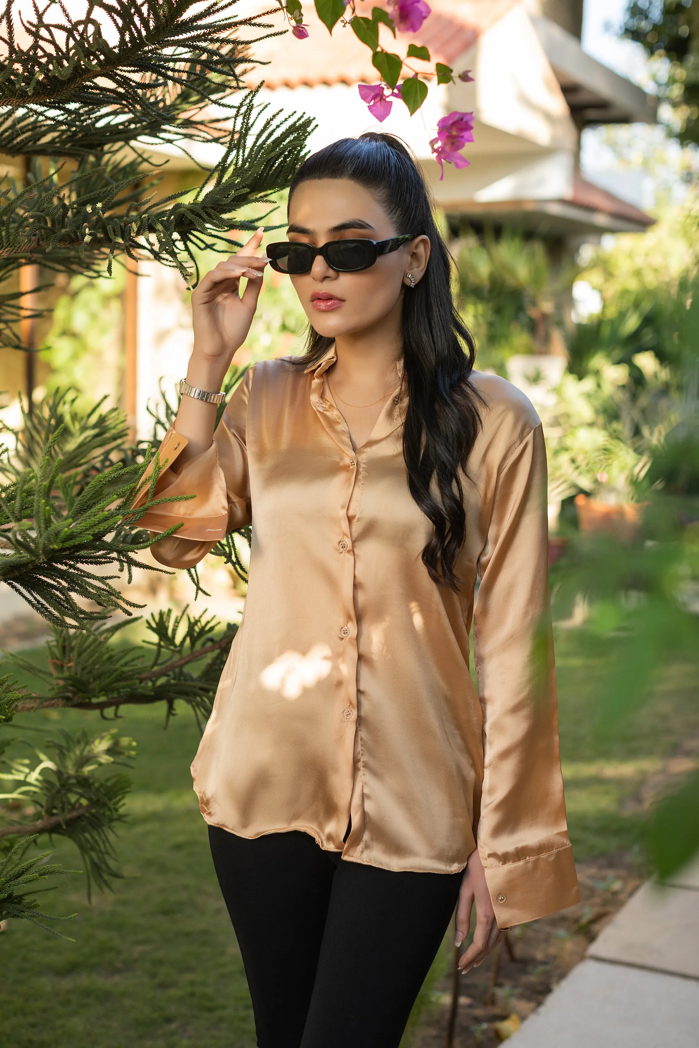 Short silk Golden button down shirt