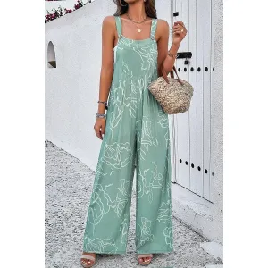 Sleeveless Button Wide Leg Pockets Jumpsuit, Green