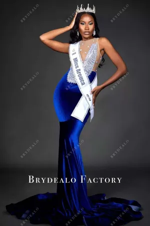 Sleeveless Royal Blue Velvet Mermaid Long Prom Dress