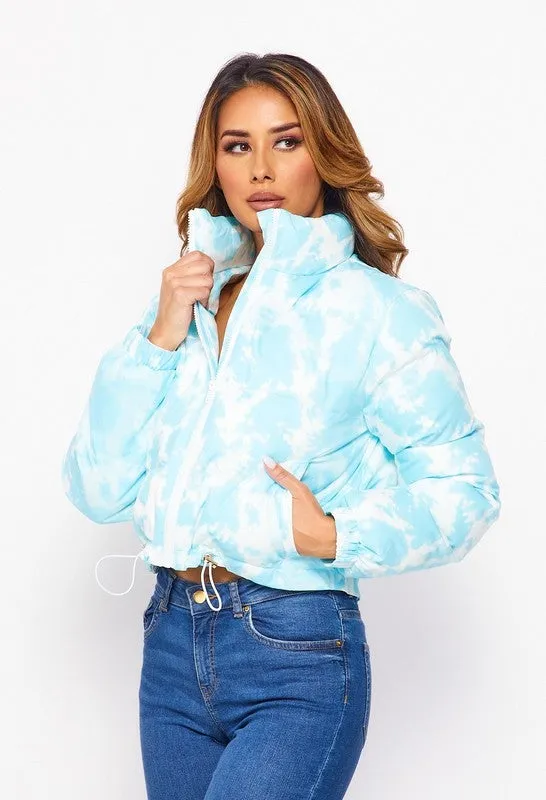 TIE DYE PADDED JACKET - WHITE/BABY BLUE