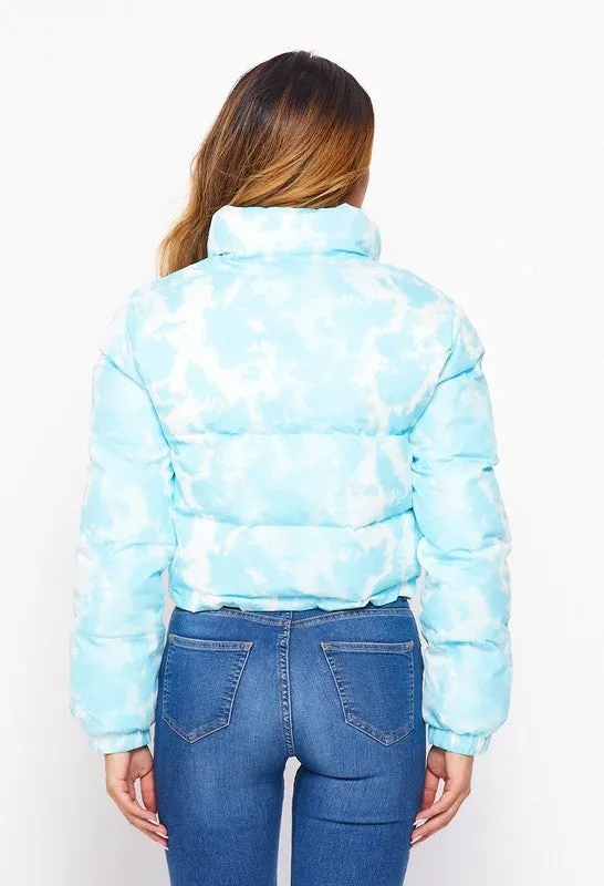 TIE DYE PADDED JACKET - WHITE/BABY BLUE