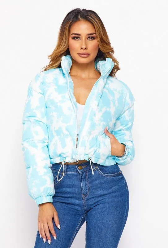 TIE DYE PADDED JACKET - WHITE/BABY BLUE