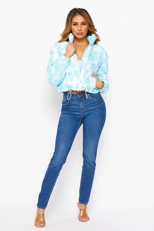 TIE DYE PADDED JACKET - WHITE/BABY BLUE