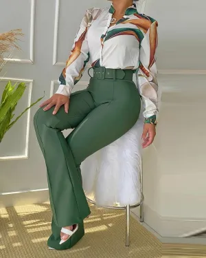 Two Piece Leaf Print Buttoned Shirt High Waist Pants Set