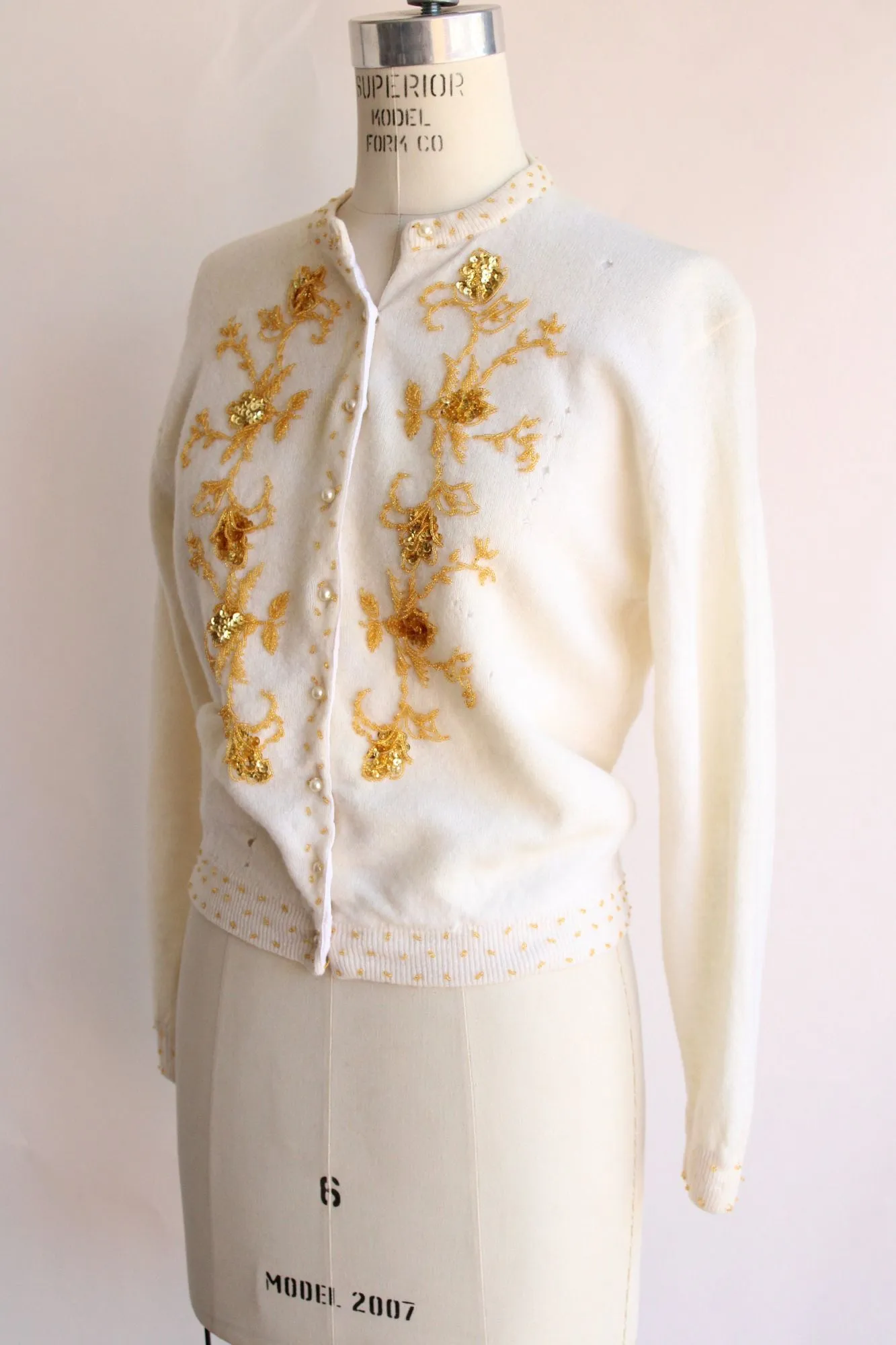 Vintage 1960s CReam with Gold Beaded Lambswool Sweater,