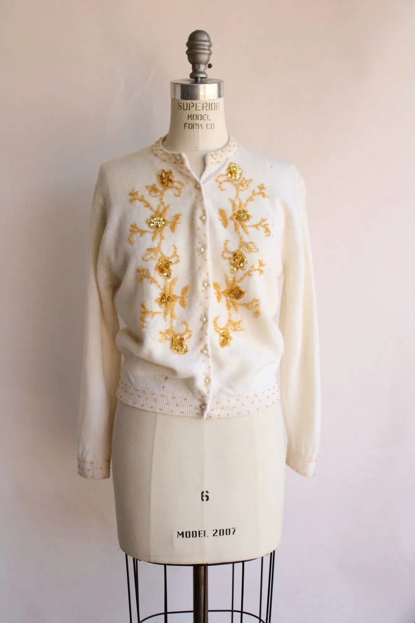 Vintage 1960s CReam with Gold Beaded Lambswool Sweater,