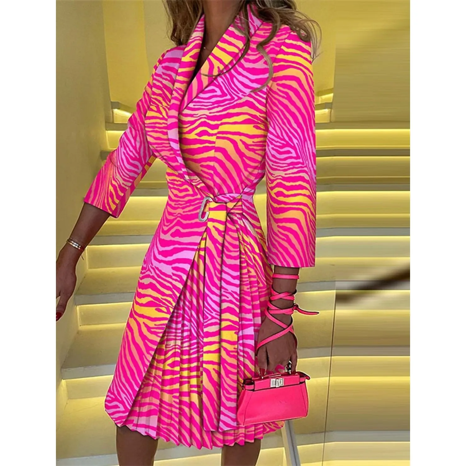 Women's Blazer Dress A Line Dress Knee Length Ruched Print Dress