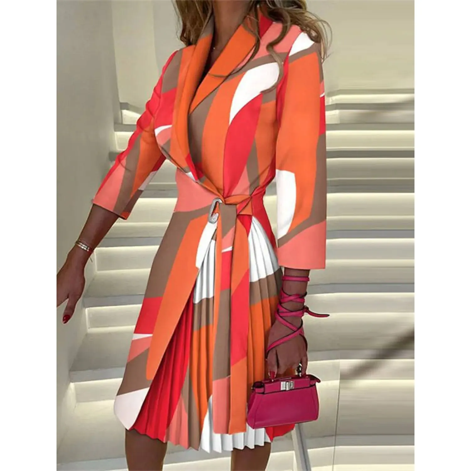 Women's Blazer Dress A Line Dress Knee Length Ruched Print Dress