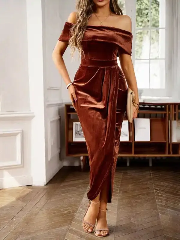 Women’s elegant velvet one-shoulder party dress