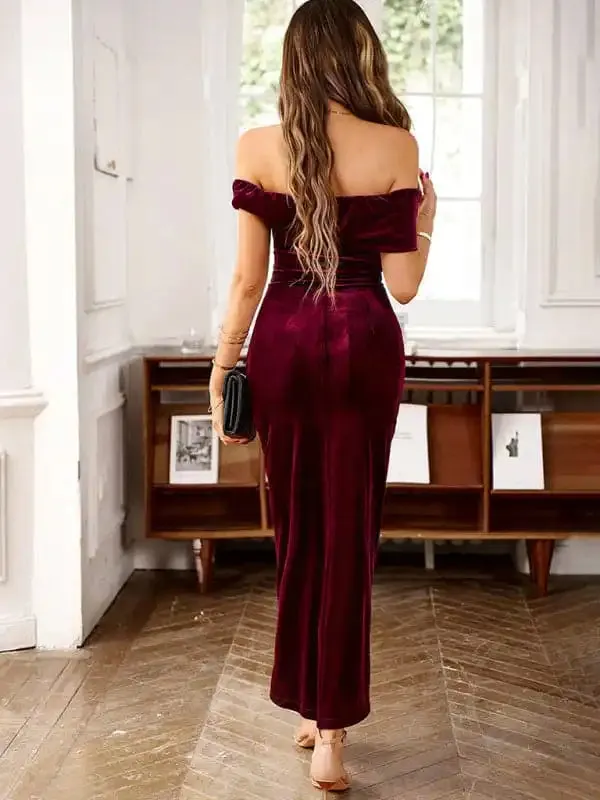 Women’s elegant velvet one-shoulder party dress