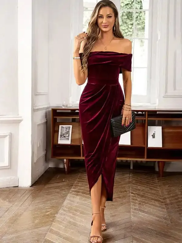 Women’s elegant velvet one-shoulder party dress