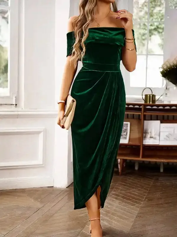 Women’s elegant velvet one-shoulder party dress