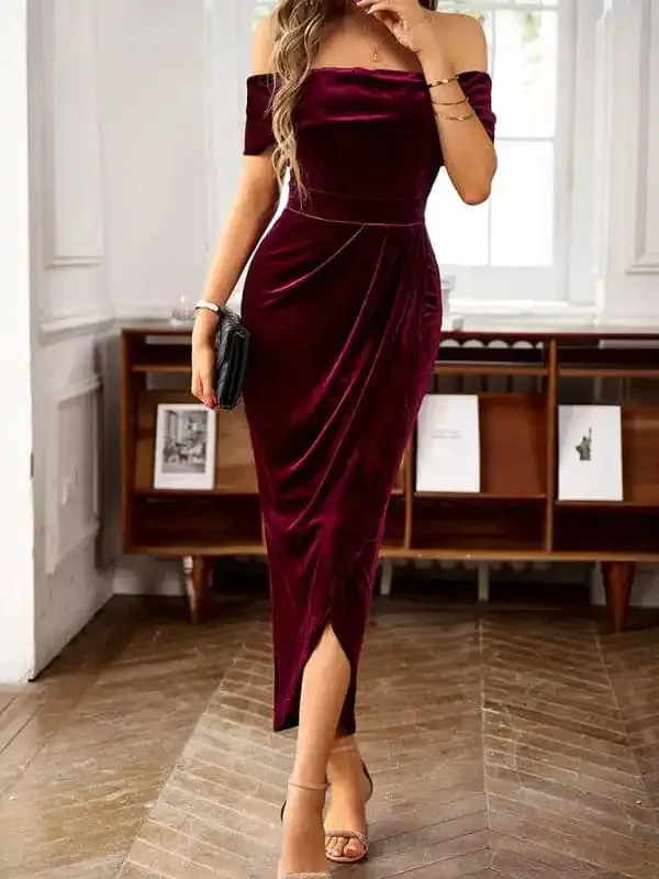 Women’s elegant velvet one-shoulder party dress